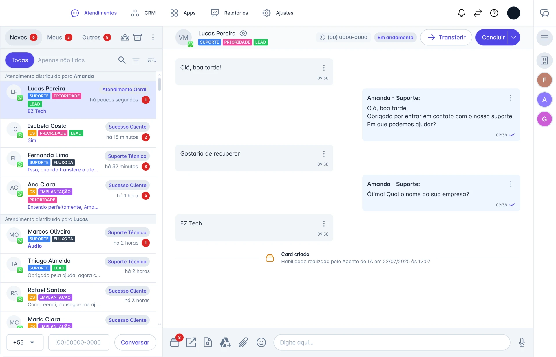 Painel de atendimento da gglabtech com conversas de WhatsApp organizadas por equipe e etiquetas