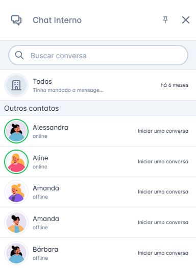 Chat interno com a lista de pessoas do time disponíveis para conversar